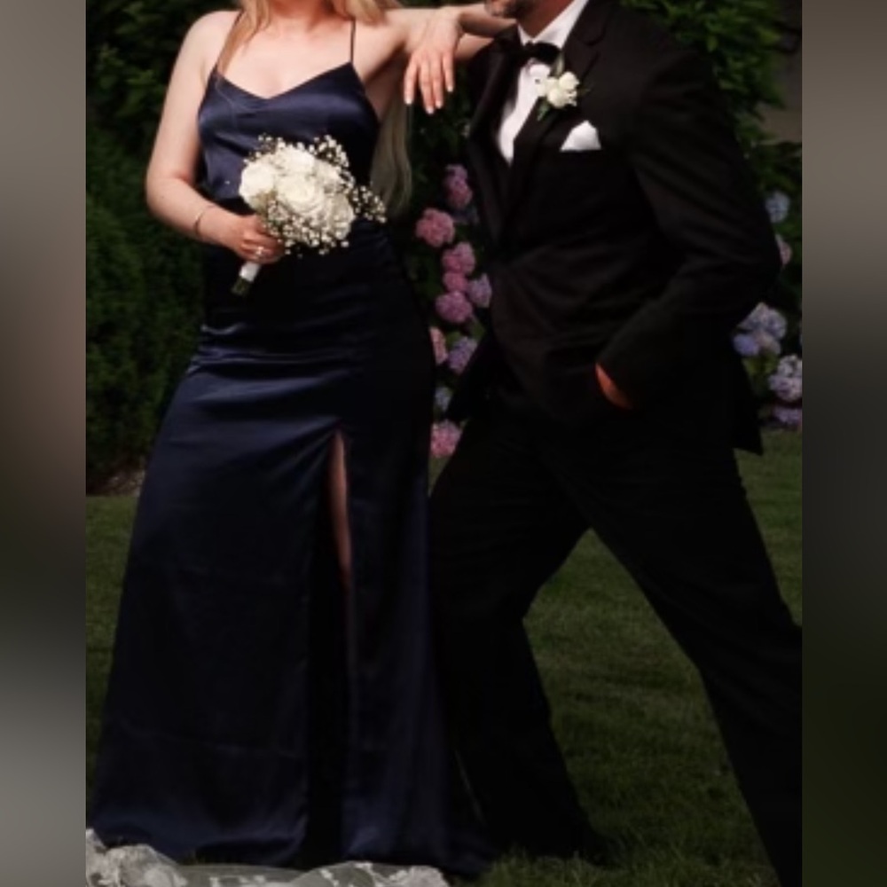 Birdy Grey Catherine Shiny Navy Satin Gown with Slit - Picture 3 of 3